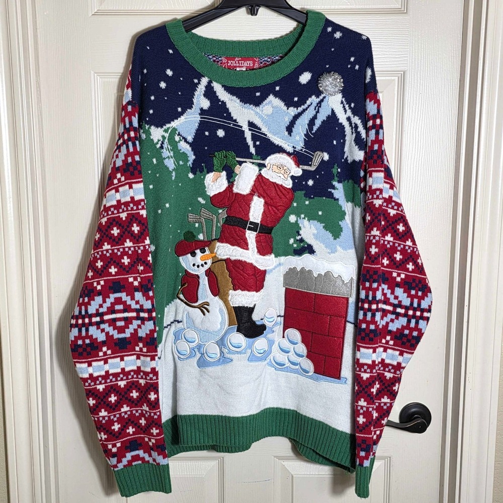 Jollidays Ugly Christmas Sweater Santa Golfing Snowman Green Red Men's 4XB NWT